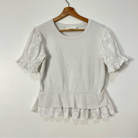 Anthropologie English Factory Eyelet Puff Sleeve Sweater Women’s Medium Petite - Picture 3 of 9